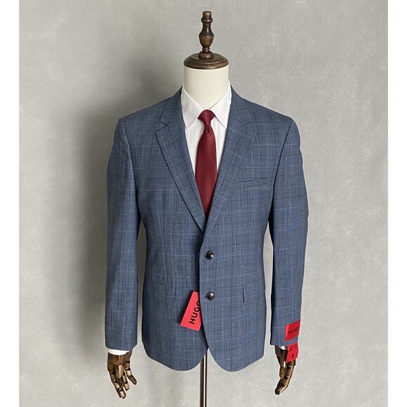 Hugo Boss Mens 40S 36W 2-Piece Suit Virgin Wool Blend Super Flex Blue Plaid NEW - Picture 2 of 16